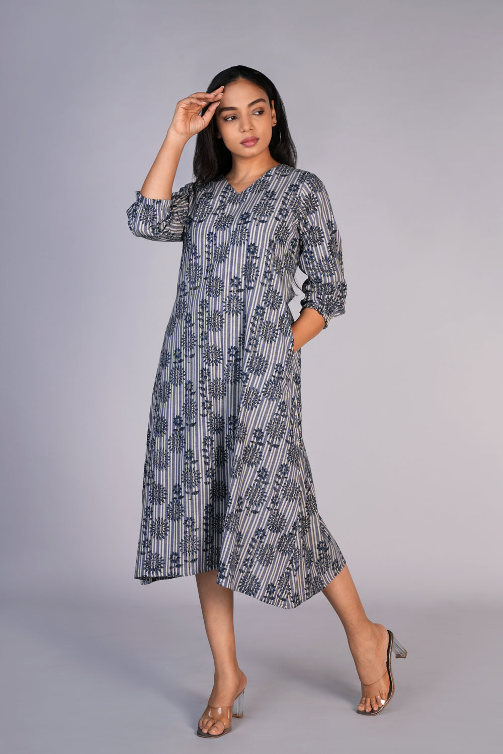 Image of Grey Blue Kalamkari handblock printed dress